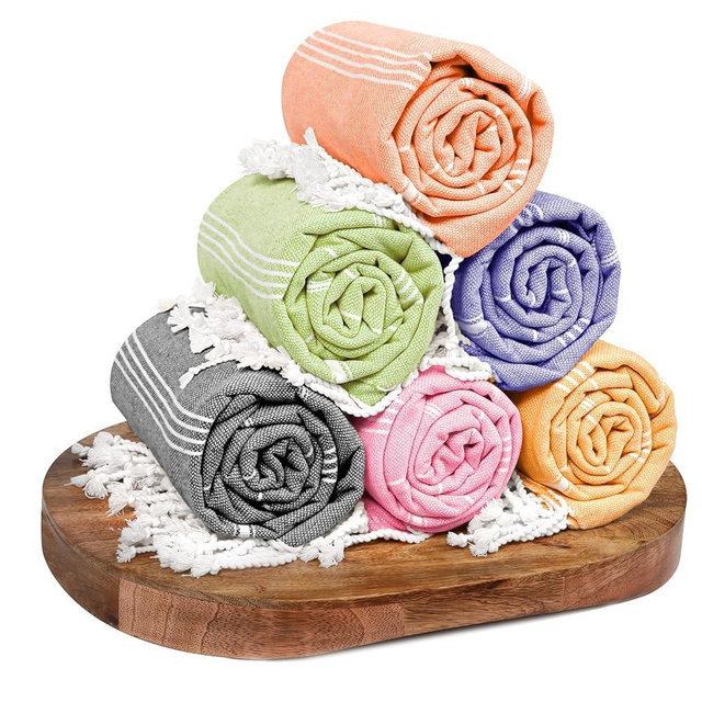 HEIRLOOM COMFORT Turkish Beach Towels Set of 6, 40x71 Inches, Oversized, 100% Cotton, Lightweight, Sand Free, Quick Dry, Absorbent, Pool, Spa, Gym & Camping Towels - Multi Bold Colors Pack