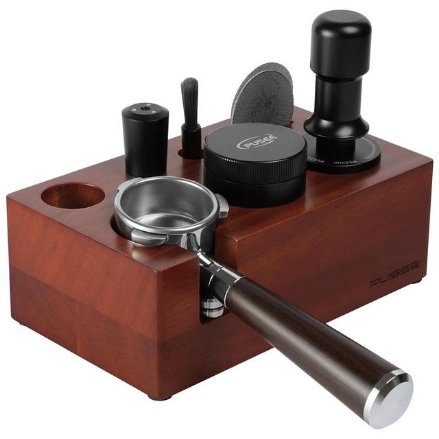 PUSEE Espresso Tamping Station, 54mm Espresso Organizer Station Fit for 51-54mm Espresso Accessories, Wood Espresso Station, Coffee Tamper Station, Adjustable Portafilters Stand Height (8 IN 1)