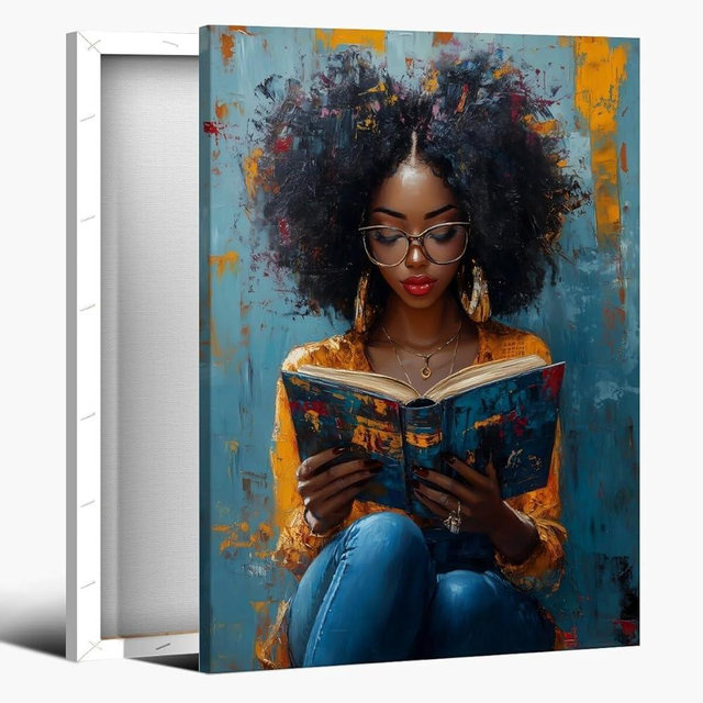 Mpgloquial African Black Woman Wall Art Beauty Lady Reading Book Canvas Oil Painting Posters Trendy Black Girl Prints Poster Inspired Wall Decor Aesthetics for Apartment 8x12inch Framed