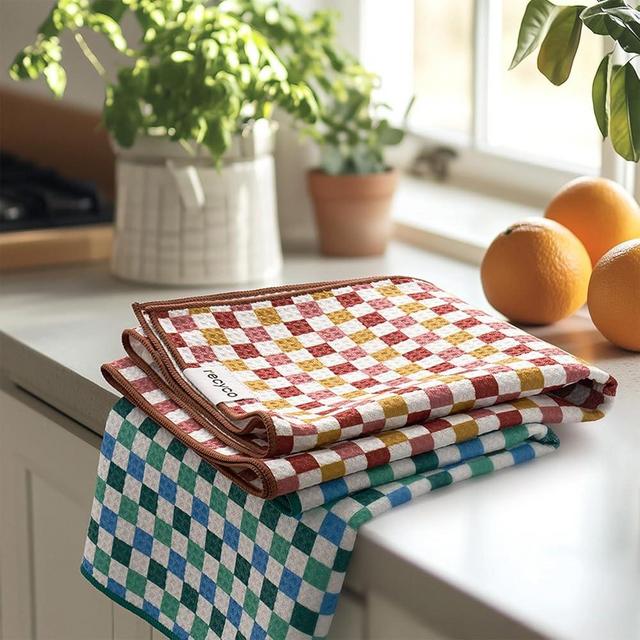 RECYCO Waffle Kitchen Towel Set of 2 - Quick Dry Microfiber Sustainable Dish Towels - Ultra Absorbent Reusable Cleaning Tea Towels - Lightweight Hand Towels,16”x 28”, Checkerboard Bliss