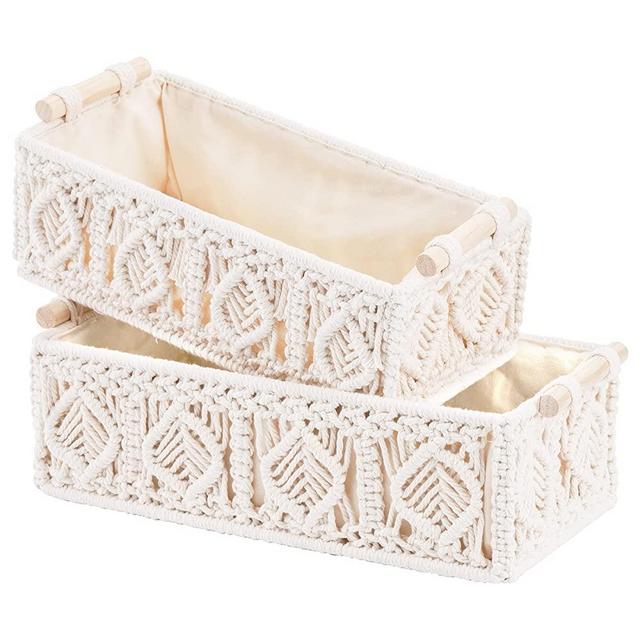 ZOOFOX Set of 2 Macrame Storage Basket, Handmade Woven Boho Basket with Cloth Liner and Wooden Handles, Decorative Toilet Tank Shelf Cabinet Organizer for Bedroom Living Room Nursery