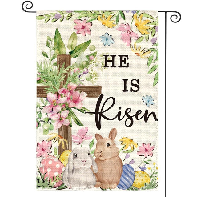 AVOIN colorlife He Is Risen Easter Garden Flag 12x18 Inch Double Sided Outside, Bunnies Flowers Cross Yard Outdoor Decoration