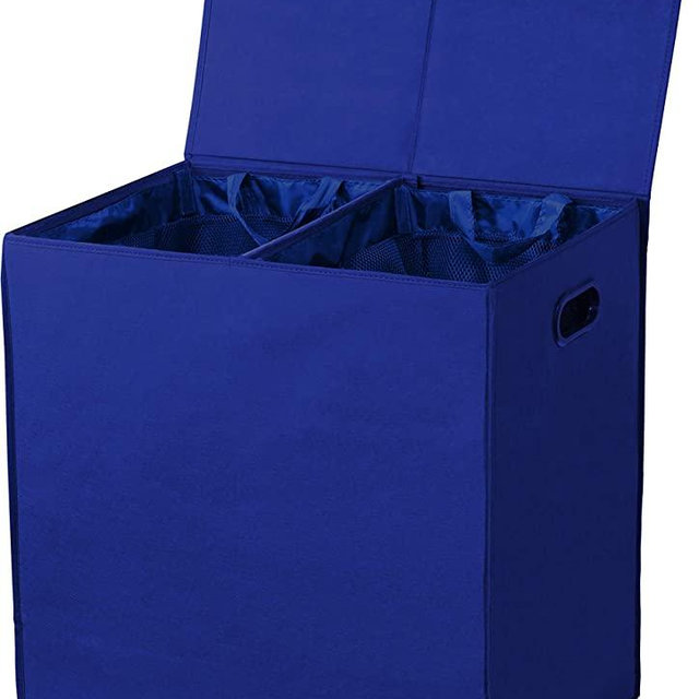 Simplehouseware Double Laundry Hamper with Lid and Removable Laundry Bags, Dark Blue