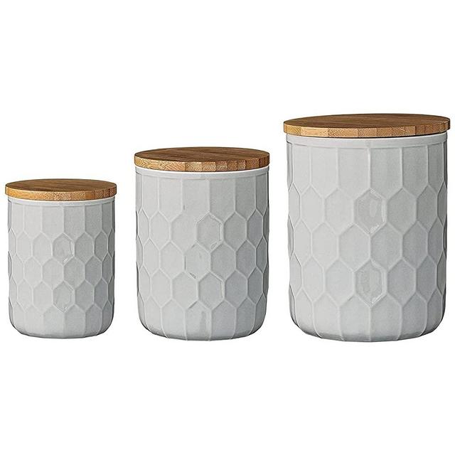First of a Kind Kitchen Canisters - White Stoneware Canisters with Bamboo Lids, Set of 3 Storage Canister Container Set - Honeycomb Design, Ceramic Food Canister Jars for Tea, Sugar & Flour Storage