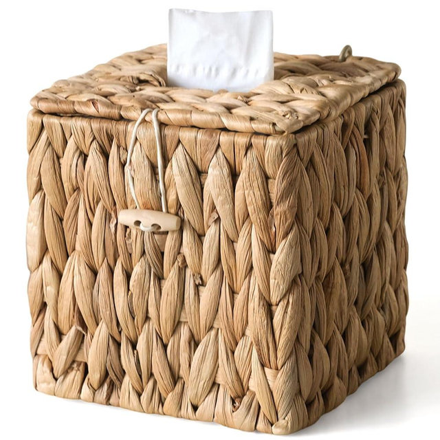 Rattan Tissue Box Cover with Lid, Wicker Tissue Box Holder Square, Hand Woven Cube Tissue Box Cover Tissue Holder for Bathroom Living Room Kitchen Office, Natural