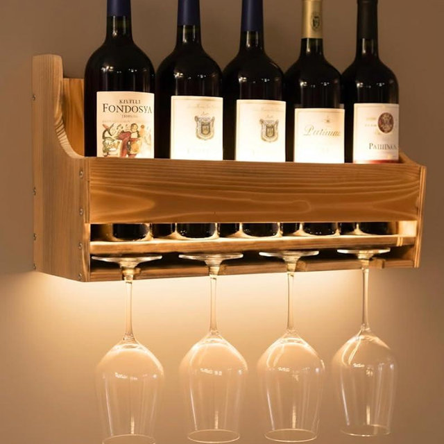 brekle Wine Rack Wall Mounted LED Wall Wine Rack with Wine Glass Holder Bar Shelves Wall Mounted 4-Bottle Wine Holder & 4-Glass Rack Space-Saving Wall Bar Cabinet Bar Décor