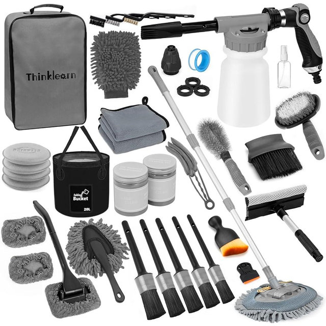 ThinkLearn Car Wash Detailing Kit with Foam Gun, Car Cleaning Kit Set,Car Wash Brush with Long Handle, Large Folding Bucket for Interior Exterior Car Wash Supplies, Car Gift Set Gray