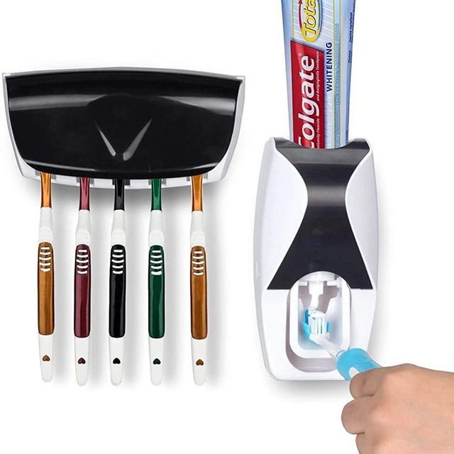 Toothbrush Holder Automatic Toothpaste Dispenser Set Dustproof Wall Mount Stand Kids Hands Free Toothpaste Squeezer for Family Washroom Bathroom