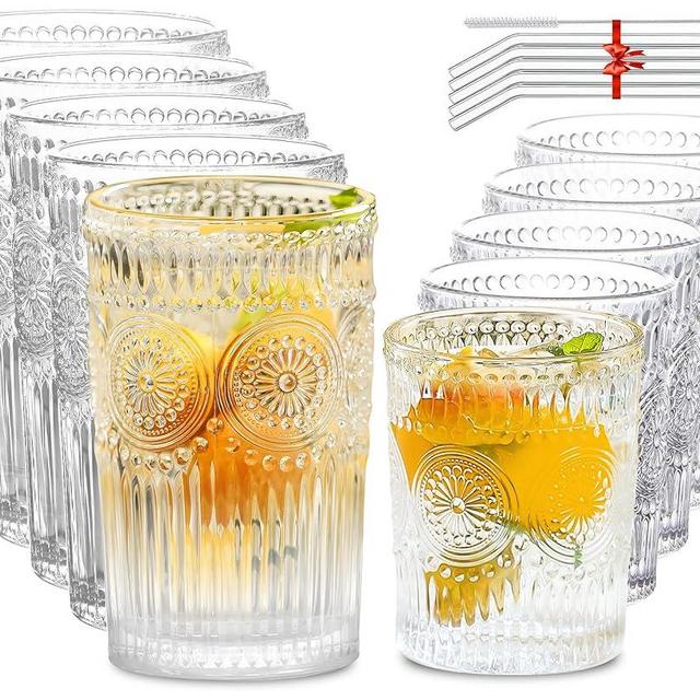 Lvtrupc 10Pcs Vintage Drinking Glasses - Romantic Highball Glasses & Rocks Glasses, Striped Glass Tumbler Cups for Water Coffee Juice Cocktail, Luxurious Floral Embossed Clear Glassware Set