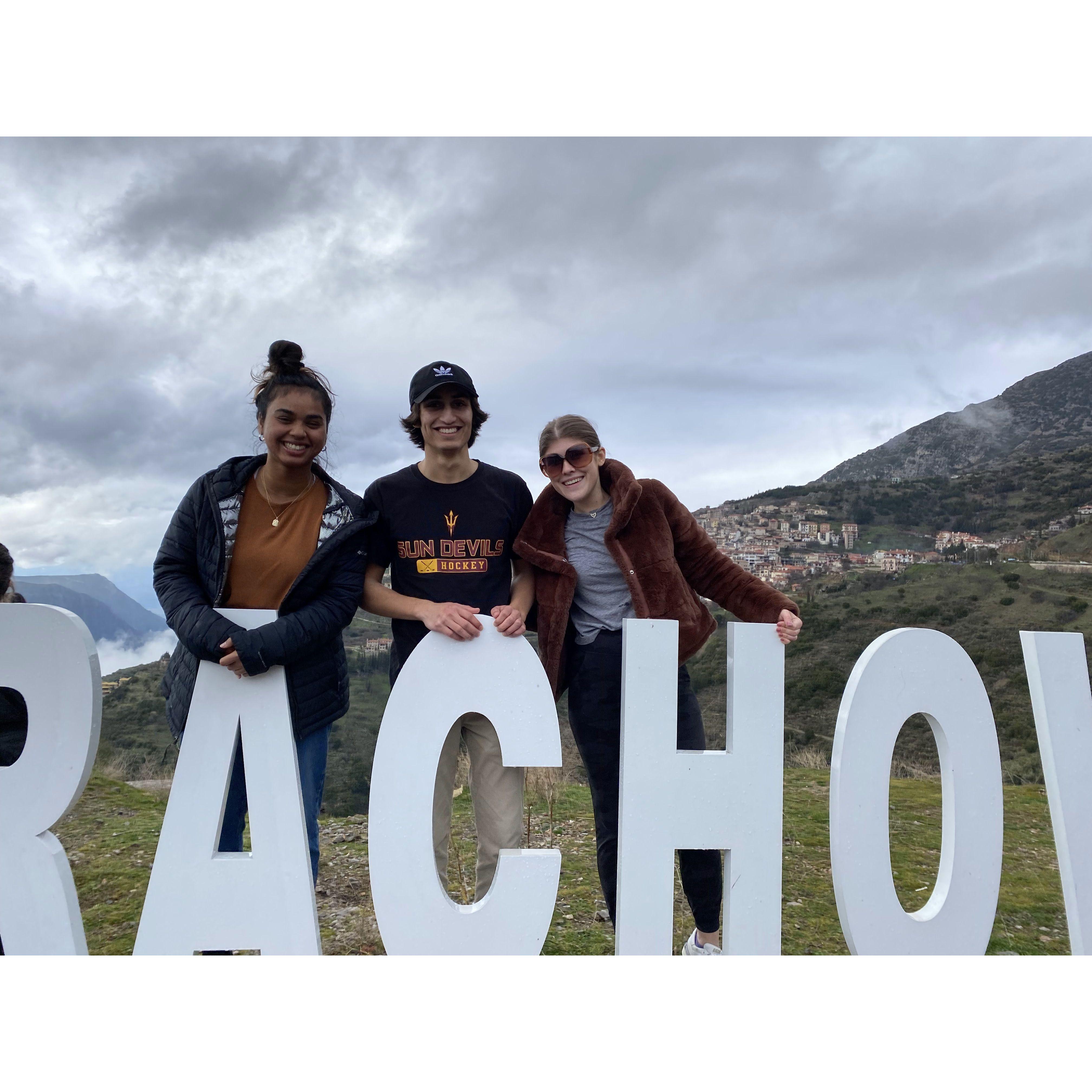 Our first photo together with our friend Anna, in Arachova, Greece!