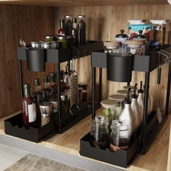 Under Sink Organizer 2 Pack, Bathroom Cabinet Organizer, 2 Tier Sliding Cabinet Basket Organizer Drawer, Multi-Purpose Bath Collection Baskets for Bathroom - Black