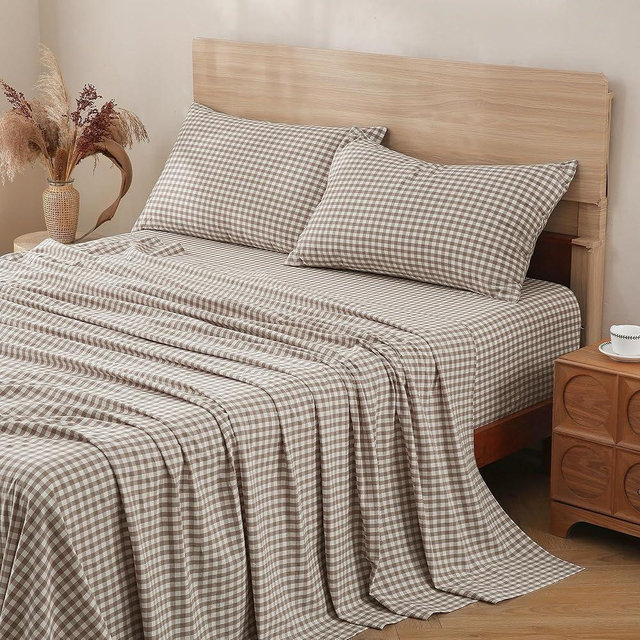 TOCOMOA Tan Gingham Sheets Bedding Set 100% Washed Cotton Like Linen Feel Breathable Soft Comfy 4-Piece Brown Plaid Checkered Bed Sheet Set with 17" Deep Pocket Cute Aesthetic, Queen