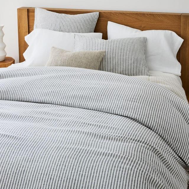 European Flax Linen Classic Stripe Duvet, King/Cal. King Set, Slate Melange