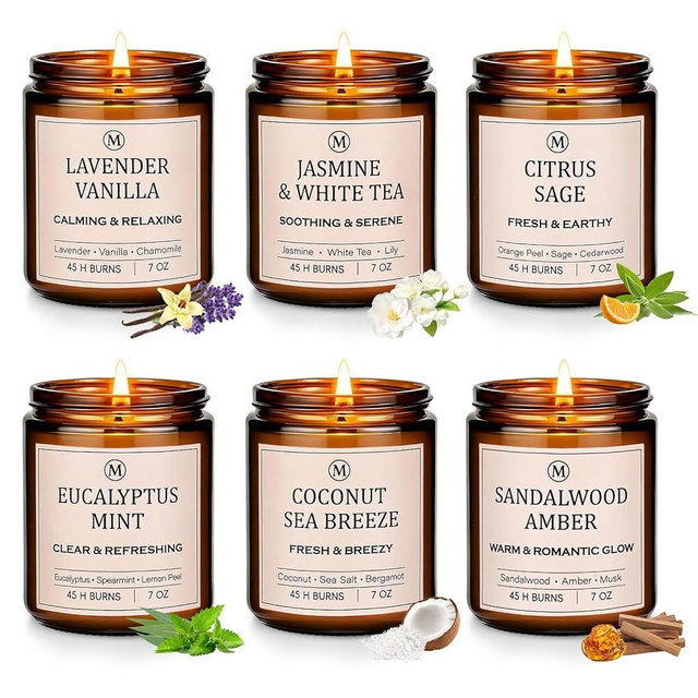 6-Pack Scented Soy Candle Set – Lavender Vanilla, Eucalyptus, Sandalwood, Jasmine & White Tea, Coconut, Sage | Natural Long Lasting Aromatherapy Candles for Home, Relaxation & Birthday Gifts