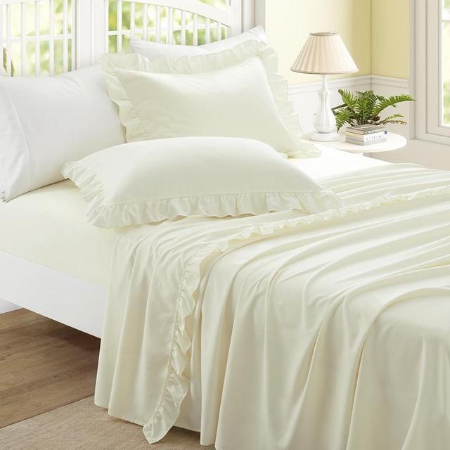 Yvrcen 4 Pieces Ruffle Queen Sheet Set, Beige Bed Sheets Queen Size, Microfiber Coquette Beige Sheets with 16 Inch Deep Pocket Fitted Sheet, 1 Ruffled Flat Sheet & 2 Ruffled Pillow Shams