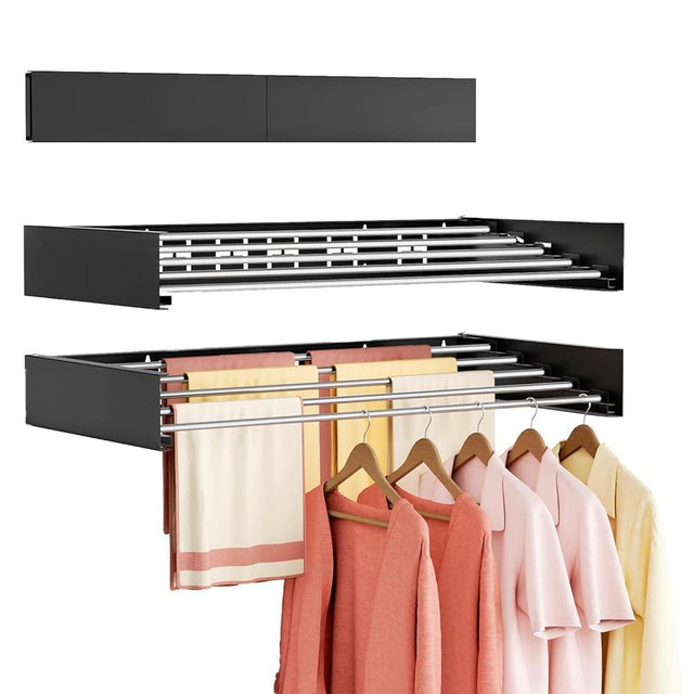 Vasunray Wall Mounted Clothes Drying Rack Folding Indoor, Foldable Laundry Drying Rack Collapsible,Invisible, Space Saving, Retractable Towel Drying Rack, with Wall Template(6 Drying Rods, Black 40")