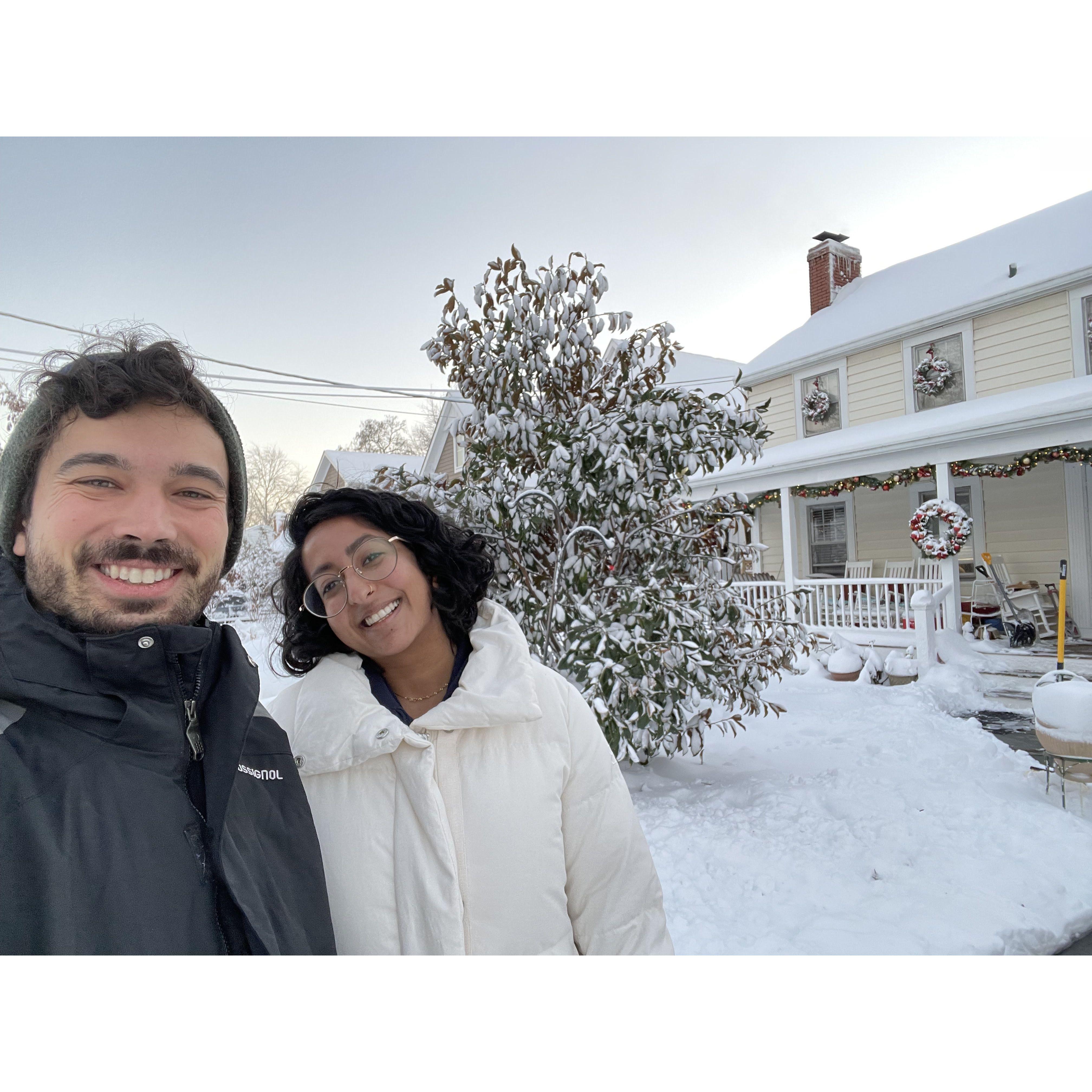 Our first snow together, from one of our many trips to see our families in the east coast.