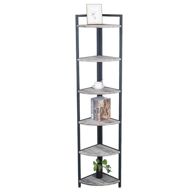 Industrial Wood Corner Shelf 6 Tier,Corner Bookcases and Book Shelves 6 Shelf,Vintage Display Corner Storage Rack Wall Corner Bookshelf,Metal Corner Stand Book Shelf Unit Iron Living Room Furniture