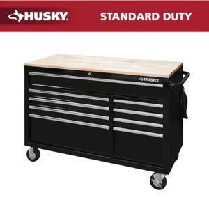 Husky 52 in. W x 25 in. D Standard Duty 9-Drawer Mobile Workbench Tool Chest with Solid Wood Top in Gloss Black