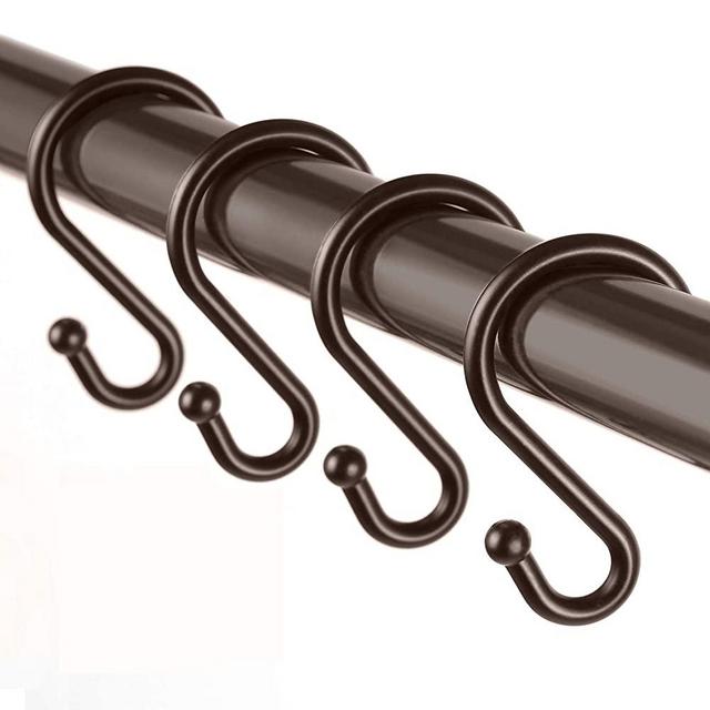 Metal Shower Curtain Hooks，Set of 12 Rings，Rust Resistant S Shaped Hooks Hangers for Shower Curtains, Kitchen Utensils, Clothing, Towels, etc. (Bronze)
