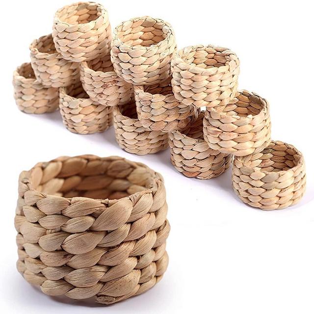SOKFARM 12pcs Round Woven Napkin Ring, Water Hyacinth Napkins Rings, Rustic Napkin Rings, Handmade Braided Grass Napkin Ring, Farmhouse Napkin Rings, Spring Napkin Rings, Napkin Holder Set of 12