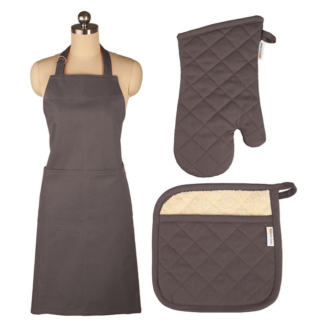 Cooking Apron/Mitt/Pot holder 3pc Set Gray - Mu Kitchen