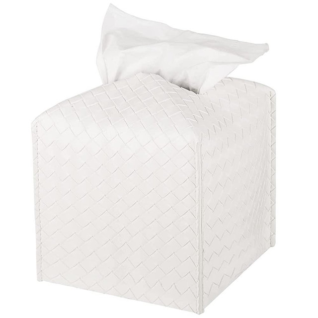 Tissue Box Cover PU Leather Tissue Holder Square Facial Tissue Case Facial Paper Organizer Dispenser for Bathroom, Vanity Countertop, Tabletop, Car, White