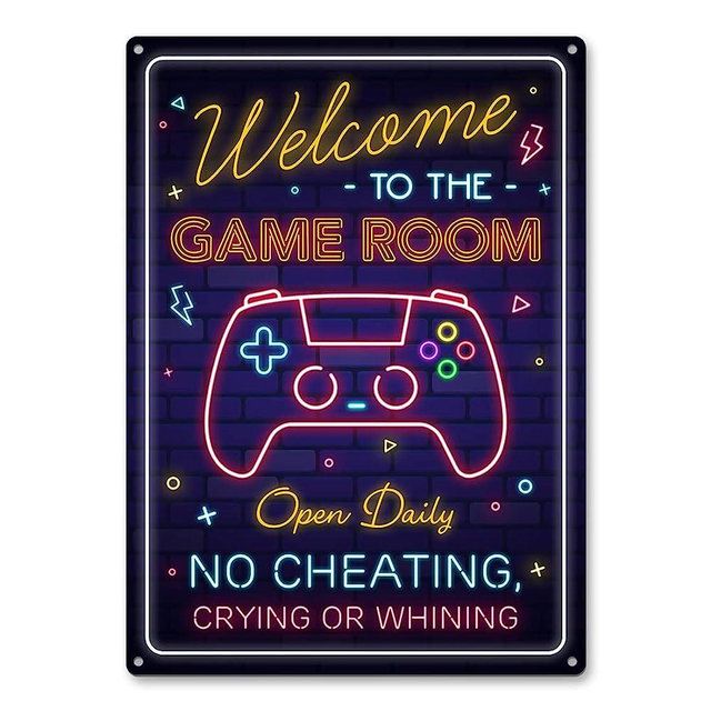 Gaming Room Metal Sign - Gamer Wall Decor For Boys Room, Bedroom Gamers Aluminum Rust Free 9" X 11", Pre-Drilled Holes, Weather Resistant