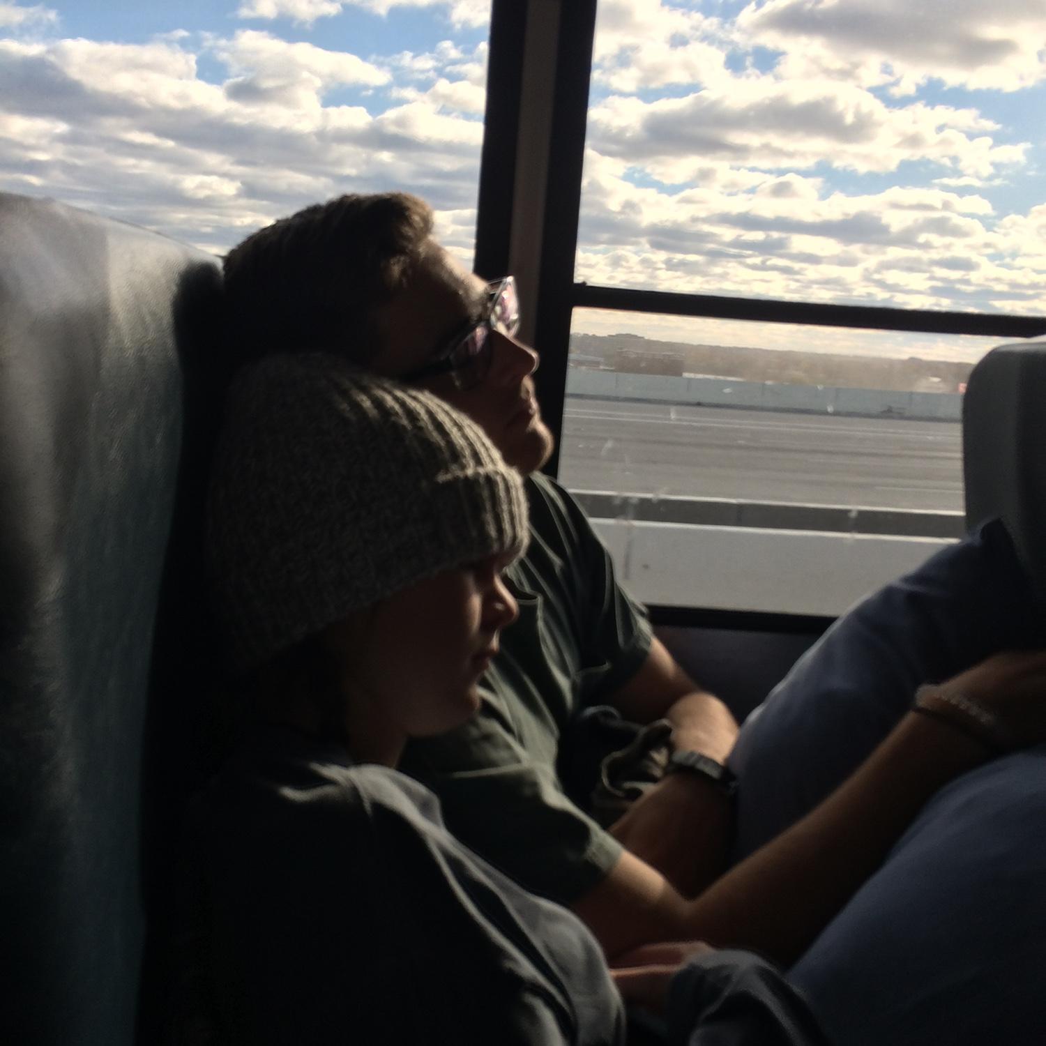 Joey and Allie sleeping on the bus, heading home from a YoungLife fall retreat.