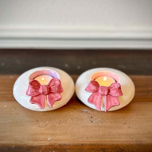 Handmade Ceramic Shabbat Candle Holder Set - Pink Bows