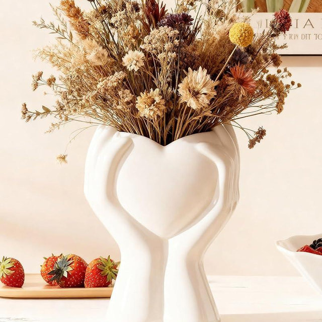 A Heart Held in Two Hands White Vases for Flowers - Cute Modern Small Ceramic Flower Vase for Pampas Grass - Decorative Table Vase for Coffee or Dining Table Centerpiece, Shelf - Gift for Mom (White)