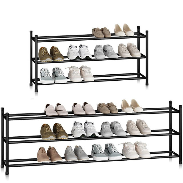 STORAGE MANIAC Long Expandable Shoe Rack, 18 Pairs Metal Wide Stackable Shoe Rack, Adjustable Shoes Shelf, Freestanding Shoes Organizer for Closet, Entryway, Hallway, Garage, Front Door, 3 Tiers