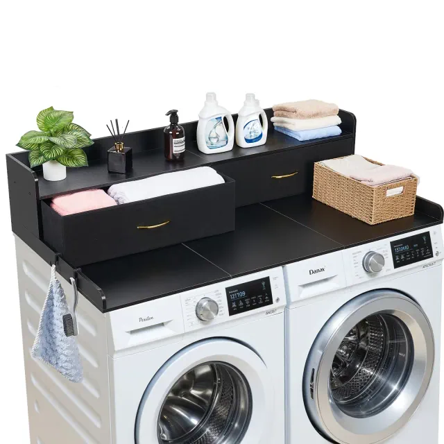 VEVOR Washer Dryer Countertop with Shelf, 54 x 27.5 in Wooden Washer and Dryer Topper with 2 Drawers & 2 Hooks, Laundry Machine Topper, Black