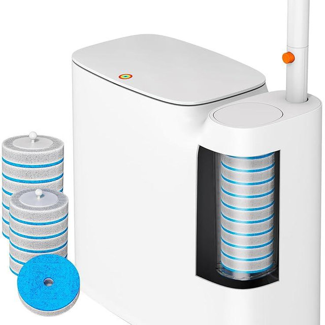 CTIME Bathroom Trash can Set, 2 Gallon White Small Trash Can with Lid, Disposable Toilet Brush, Storage Caddy and 12 Refills, Slim Garbage Can for Bathroom, RV
