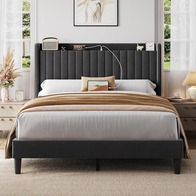Yaheetech Queen Bed Frame with Headboard, Upholstered Headboard with Charing Station and Storage Shelf, Platform Bed Frame, No Box Spring Needed, Easy Assembly, Dark Grey