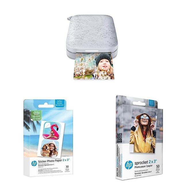 HP Sprocket Portable 2x3 Instant Color Photo Printer (Luna Pearl) & Sprocket 2x3” Premium Zink Pre-Cut Sticker Photo Paper, 30 Sheets & Sprocket 2x3 Premium Zink Sticky Back Photo Paper (50 Sheets)