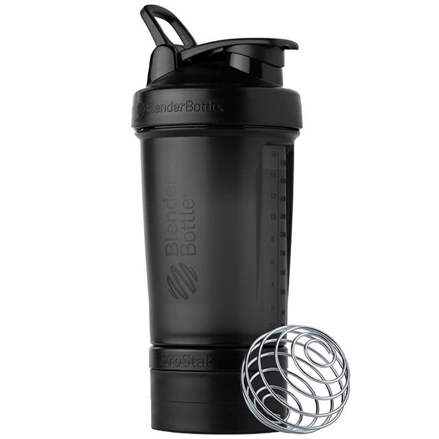 BlenderBottle Shaker Bottle with Pill Organizer and Storage for Protein Powder, ProStak System, 22-Ounce, Midnight Black