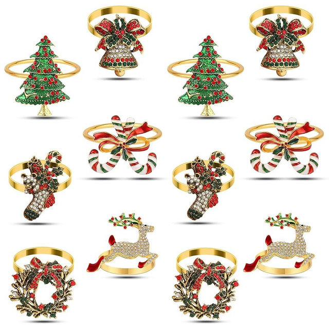 Set of 12pcs Christmas Napkin Rings, Gold Metal Napkin Ring Holder Bluk for Christmas Party Favor Wedding Dinner Table Decoration