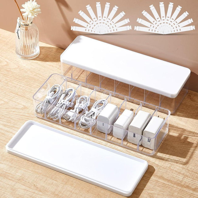 Tatuo 2 Pcs Cable Organizer with 20 Wire Ties, Clear Plastic Cord Charger Storage Box with White Lid for Home Office Desk Organization and Accessories