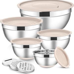 E-far Stainless Steel Mixing Bowls with Lids Set, 5-Piece Nesting Salad Bowls with 3 Grater Attachments and Non-Slip Bottoms, Size 4.6, 2.6, 2, 1.5, 1QT for Kitchen (Khaki)