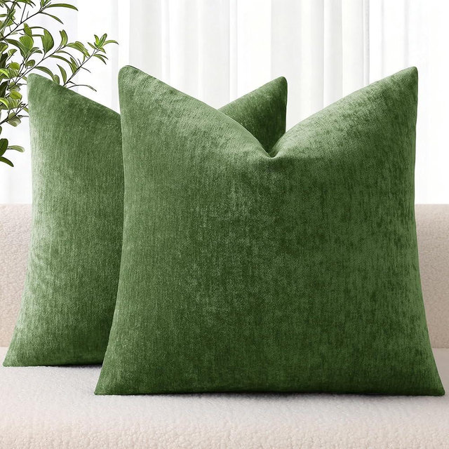 decorUhome Chenille Moss Green Spring Throw Pillow Covers 18x18 Inch Set of 2, Decorative Soft Couch Pillow Covers Solid Dyed Accent Farmhouse Neutral Square Pillow Cases for Sofa
