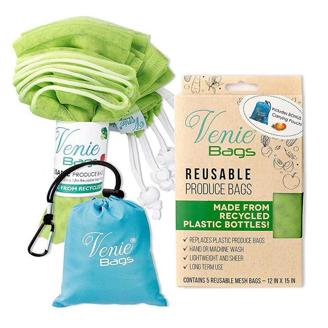 Venie Eco Friendly Reusable Produce Bags - Made From Recycled Plastic Bottles – Set of 5 Bags w/ Bonus rPET Carrying Pouch