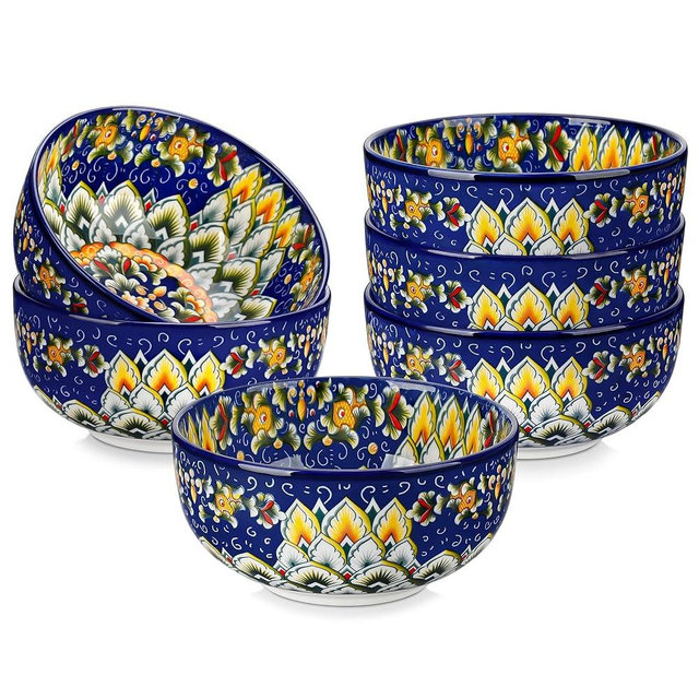 vancasso Cereal Bowls Set of 6, Bohemian Ceramic Soup Bowls, 28 oz Colorful Bowls Set for Kitchen, Dishwasher & Microwave Safe for Salad, Pasta, Rice, Oatmeal, Fruit-05