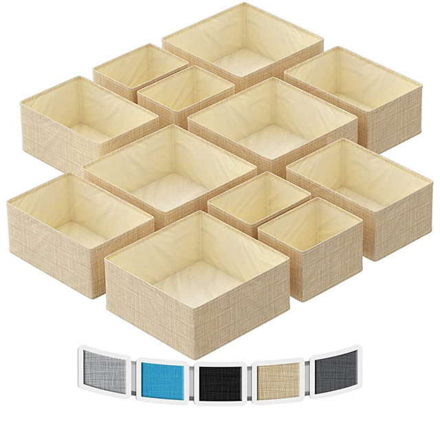 NEATERIZE Drawer Organizer - [Set of 12] - Closet Organizer and Storage Baskets| Foldable Cloth Drawers Divider | Fabric Bin for Dresser & Shelves |Organize Underwear, Socks, Bra, Tie’s (Beige)