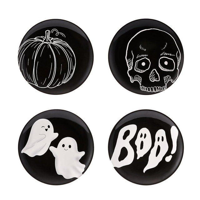 Bico Black Halloween Cute Ceramic 8.75 inch Salad Plates, Set of 4, Microwave & Dishwasher Safe, for Tapas, Appetizer