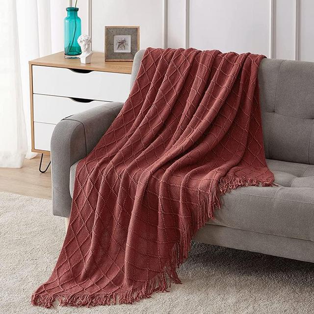 BOURINA Throw Blanket Textured Solid Soft Sofa Throw Couch Cover Knitted Decorative Blanket, 50"x60" Burgundy