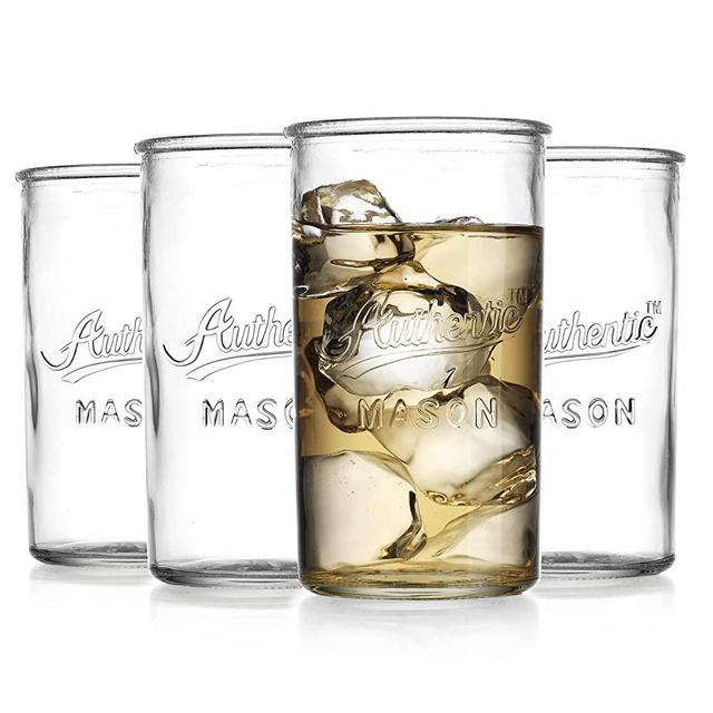 Glavers Highball Drinking Glasses – Set of 4 Authentic Mason Vintage Glassware – Clear Glass Tumblers for Cocktails, Water, Juice – Embossed Vintage Drinking Glasses – Tall Glasses 18oz
