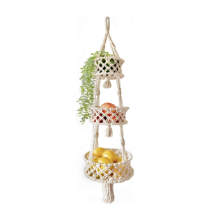 SnugLife Macrame 3 Tier Hanging Basket - Space Saving Hanging Fruit Basket for Kitchen or Decorative Boho Decor Hanging Plant Holder - Use for Produce Baskets, Indoor Planter Hangers, 42 Inches Beige