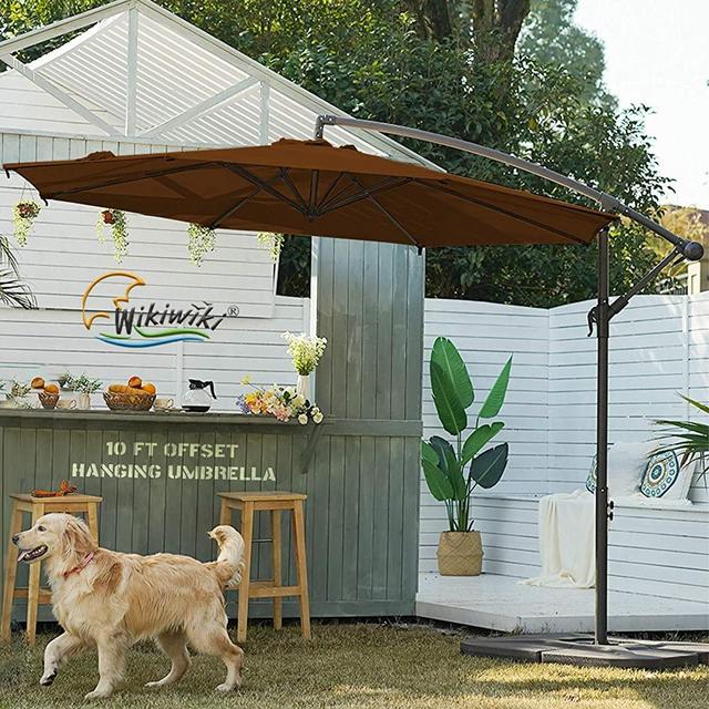 wikiwiki H Series Patio Offset Hanging Umbrella 10 FT Cantilever Outdoor Umbrellas w/Infinite Tilt, Fade Resistant Waterproof Solution-Dyed Canopy & Cross Base, for Yard, Garden & Deck (Wood)