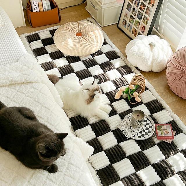 LONKEEN Pet Mat, Funny Fuzzy Cream-Coloured Large Plaid Square Pet Mat Bed Couch Cover, Funny Fuzzy Waterproof Couch Cover for Dogs, Pet Blankets for Large Dogs, Cats (27.55 * 70.8IN, Blue Gray)